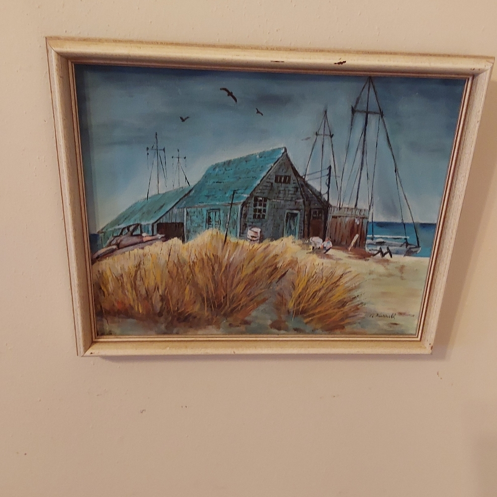 Signed Oil Painting Of Fisherman's Coastal Shack, Vintage Wall Art
